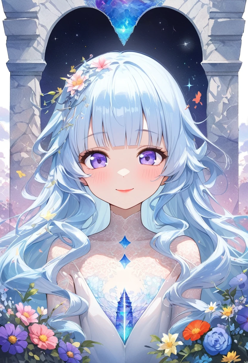 masterpiece, best quality, extremely detailed, (illustration, official art:1.1), 1 girl ,(((( light blue long hair)))), ,(((( light blue long hair)))),light blue hair, , long hair ((blush)) , cute face, big eyes, masterpiece, best quality,(((((a very delicate and beautiful girl))))),Amazing,beautiful detailed eyes,blunt bangs((((little delicate girl)))),tareme(true beautiful:1.2), sense of depth,dynamic angle,,,, affectionate smile, (true beautiful:1.2),,(tiny 1girl model:1.2),)(flat chest),(tmasterpiece、top-quality、top-quality、watercolor paiting(curled)、offcial art、aestheticly pleasing:1.2)、(1 girl in:1.3)、(s fractal art:1.3)、Upper part of the body、seen from the front、looking at viewert、Patterned、(Hair color、Half  light blue，Half of the hair is purple:1.2)、Eau、liquids、cloud、Extremely colorful、starrysky、stone monument、Smiling red lips and big eyes，white skinned，Ambilight，The contrast is very sharp，The details were perfect，Lots of flowers in hair