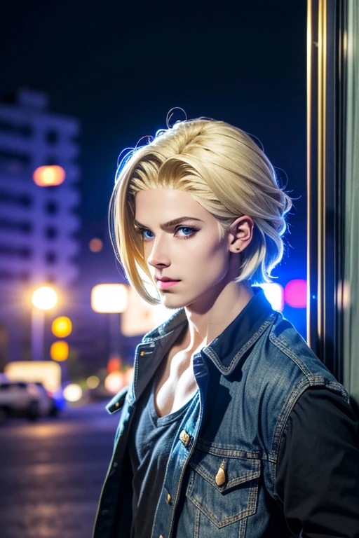 ((ultra detaild, work of art, absurderes))
MCAmerica, 1 young boy, shorth hair, hair blonde, blue colored eyes, Urban skylines at night
