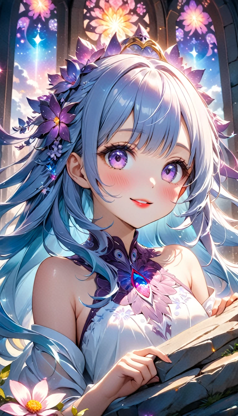 masterpiece, best quality, extremely detailed, (illustration, official art:1.1), 1 girl ,(((( light blue long hair)))), ,(((( light blue long hair)))),light blue hair, , long hair ((blush)) , cute face, big eyes, masterpiece, best quality,(((((a very delicate and beautiful girl))))),Amazing,beautiful detailed eyes,blunt bangs((((little delicate girl)))),tareme(true beautiful:1.2), sense of depth,dynamic angle,,,, affectionate smile, (true beautiful:1.2),,(tiny 1girl model:1.2),)(flat chest),(tmasterpiece、top-quality、top-quality、watercolor paiting(curled)、offcial art、aestheticly pleasing:1.2)、(1 girl in:1.3)、(s fractal art:1.3)、Upper part of the body、seen from the front、looking at viewert、Patterned、(Hair color、Half  light blue，Half of the hair is purple:1.2)、Eau、liquids、cloud、Extremely colorful、starrysky、stone monument、Smiling red lips and big eyes，white skinned，Ambilight，The contrast is very sharp，The details were perfect，Lots of flowers in hair