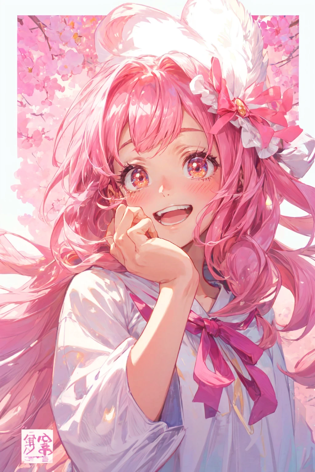 Cover your face,One girl,cute,Peeking through your fingers,Upper Body, Subjective face, From below, Captivating smile, Open your mouth, Pink Hair, Hair Ribbon, Long Hair, 