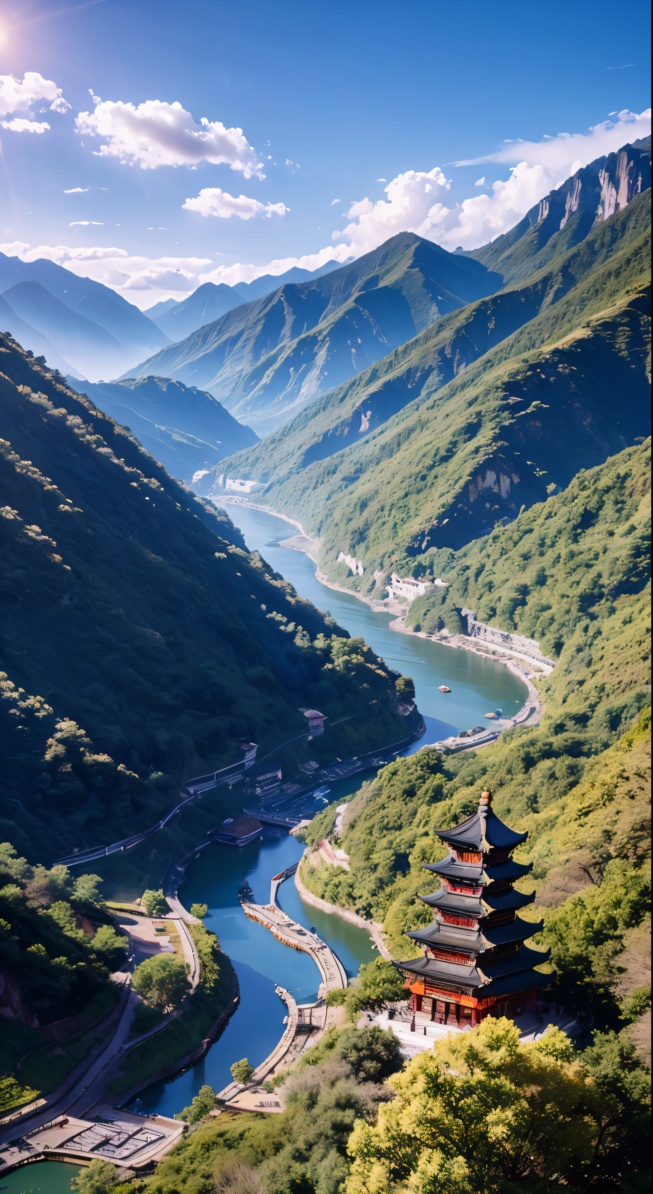 Ancient Chinese scenery, mountains, rivers, auspicious clouds, sunshine, masterpieces, super detail, epic composition, ultra HD, high quality, extremely detailed, official art, unified 8k wallpaper, Super detail, 32k -- v 6