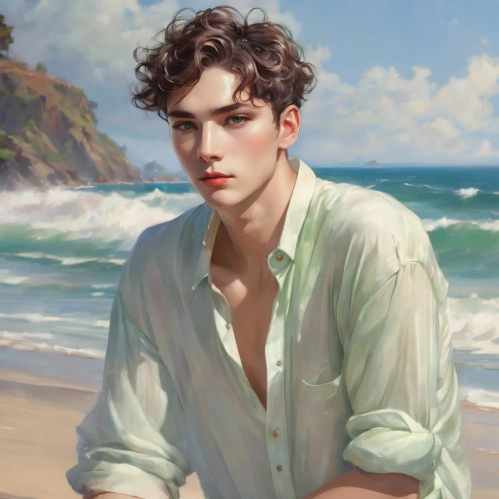 Delicate skin man , clear and soft , short hair with curlers , green eye color , delicate lips and delicate features, angelic appearance without wings with beach clothes ,open shirt and marked body without exceeding , delicate figure and small waist