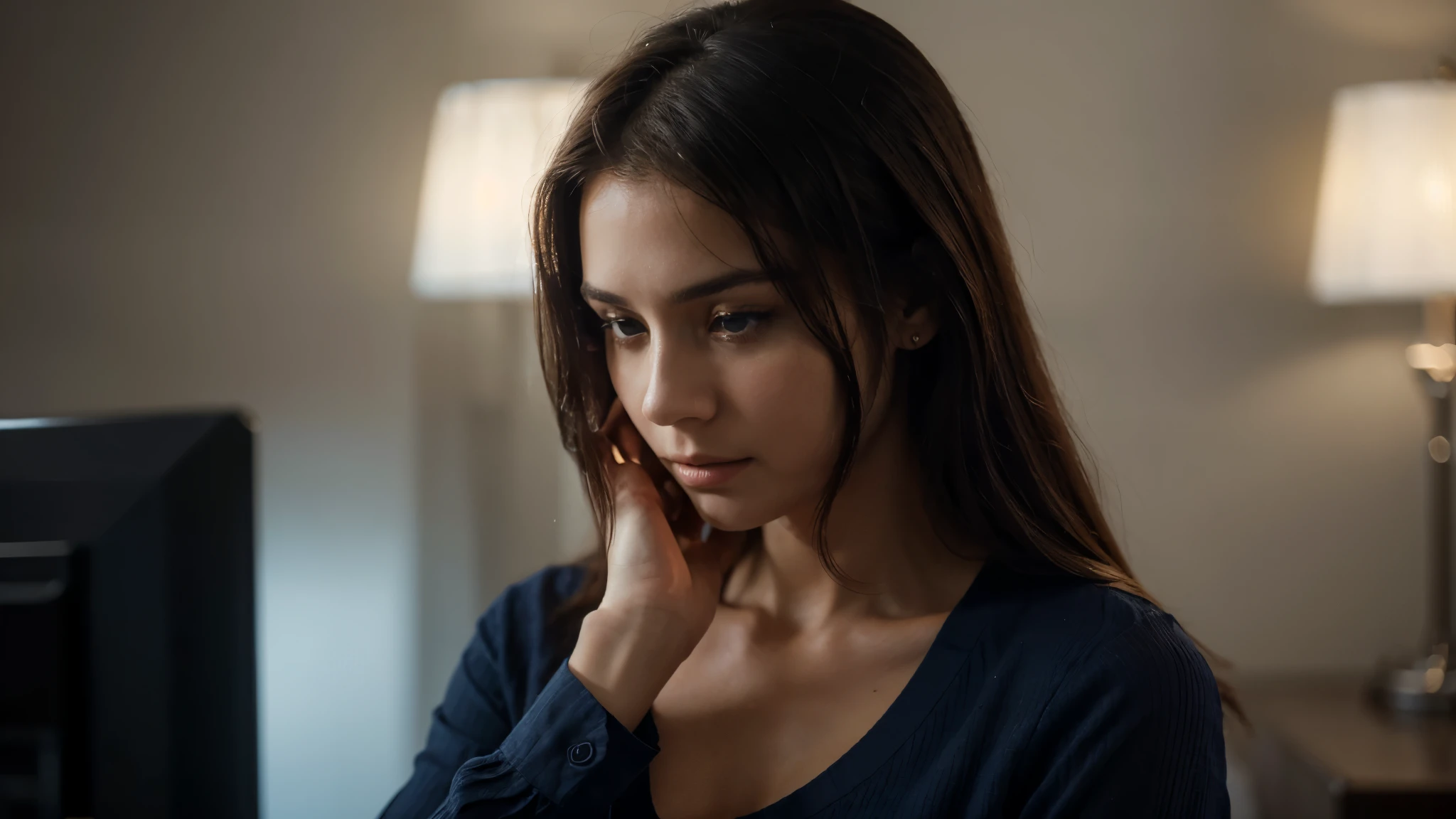 Woman (4287084980) in apartment, dressed, wearing navy blue shirt, with hand on face and worried expression, looking at horizon, russian physiognomy, moscow, summer, realistic, 4k, sharp, ultra detailed, ultra textured, highest resolution, summer, motherboard, realistic, HD, sharp, rich detail, ultra detailed, ultra textured, highest resolution, highest contrast, highest quality models, local light, down light, side light, vanishing light, back light, edge light, film light, depth of field, bokeh, cinematic, panorama, life size. 8 k, ultra realistic,