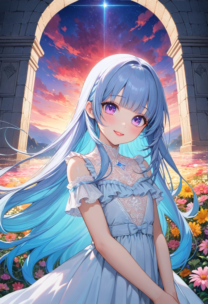 masterpiece, best quality, extremely detailed, (illustration, official art:1.1), 1 girl ,(((( light blue long hair)))), ,(((( light blue long hair)))),light blue hair, , long hair ((blush)) , cute face, big eyes, masterpiece, best quality,(((((a very delicate and beautiful girl))))),Amazing,beautiful detailed eyes,blunt bangs((((little delicate girl)))),tareme(true beautiful:1.2), sense of depth,dynamic angle,,,, affectionate smile, (true beautiful:1.2),,(tiny 1girl model:1.2),)(flat chest),(tmasterpiece、top-quality、top-quality、watercolor paiting(curled)、offcial art、aestheticly pleasing:1.2)、(1 girl in:1.3)、(s fractal art:1.3)、Upper part of the body、seen from the front、looking at viewert、Patterned、(Hair color、Half  light blue，Half of the hair is purple:1.2)、Eau、liquids、cloud、Extremely colorful、starrysky、stone monument、Smiling red lips and big eyes，white skinned，Ambilight，The contrast is very sharp，The details were perfect，Lots of flowers in hair