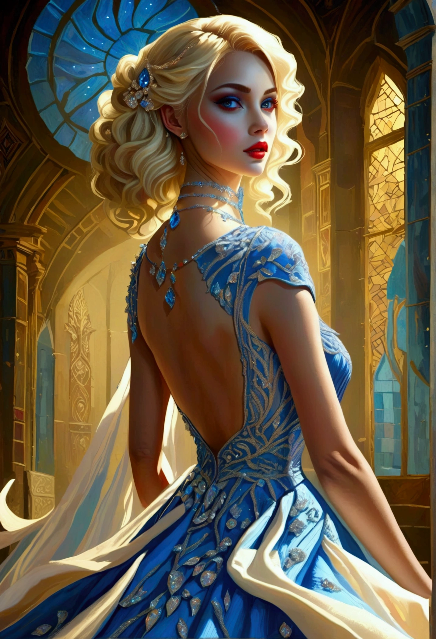a glamour picture shot,  ((full body shot: 1.5) of an elite vampire model, walking on a (dark catwalk: 1.2), an extraordinary glamourous elite female vampire model, ((full body: 1.5)),  ((anatomically correct: 1.5), (ultra detailed face: 1.2), best detailed face, blond hair, long hair, lush hair, red eyes, delicate face, light make up, wearing intricate blue detailed dress, glamour dress, haute couture dress, elite fashion dress, white dress, decorated with diamonds,  small cleavage, wearing high heels, elegant high heels, she wears diamond necklace, elite fashion show background, vibrant, Hyperrealism style, vibrant, Ultra-high resolution, High Contrast, (masterpiece:1.5), highest quality, Best aesthetics), best details, best quality, highres, ultra wide angle, 16k, [ultra detailed], masterpiece, best quality, (extremely detailed) RAW, chumbasket art style, rpg portrait, photograph, BloodSoakedAI, vampire teeth