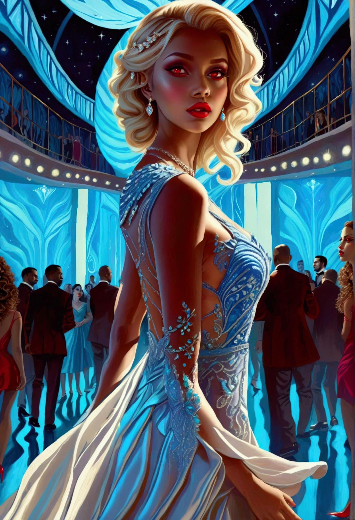 a glamour picture shot,  ((full body shot: 1.5) of an elite vampire model, walking on a (dark catwalk: 1.2), an extraordinary glamourous elite female vampire model, ((full body: 1.5)),  ((anatomically correct: 1.5), (ultra detailed face: 1.2), best detailed face, blond hair, long hair, lush hair, red eyes, delicate face, light make up, wearing intricate blue detailed dress, glamour dress, haute couture dress, elite fashion dress, white dress, decorated with diamonds,  small cleavage, wearing high heels, elegant high heels, she wears diamond necklace, elite fashion show background, vibrant, Hyperrealism style, vibrant, Ultra-high resolution, High Contrast, (masterpiece:1.5), highest quality, Best aesthetics), best details, best quality, highres, ultra wide angle, 16k, [ultra detailed], masterpiece, best quality, (extremely detailed) RAW, chumbasket art style, rpg portrait, photograph, BloodSoakedAI, vampire teeth
