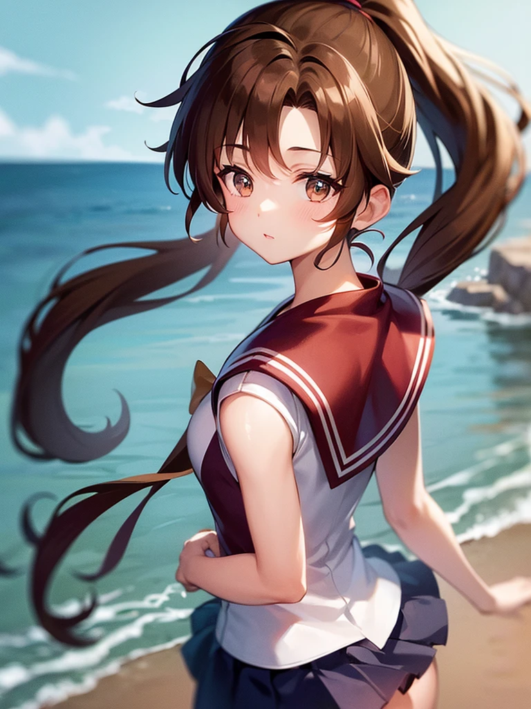 1girl、Sailor Jupiter、Brown Hair、ponytail、From the back、Beautiful breasts、In the middle of changing