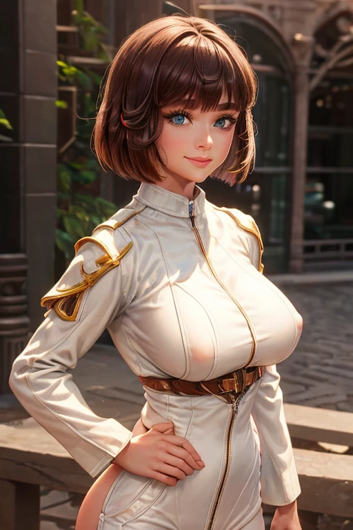  Girl, Whole body, Beautiful, beautiful face, smile face, beautiful eye, very detailed pupil, double eyeylid, very detailed skin, high quality leather, Brown hair, bob haircut, perfect body, smart body, huge butt, White clothes, park, Professional lighting, real shadow, masterpiece, bare waist, hard nipples.