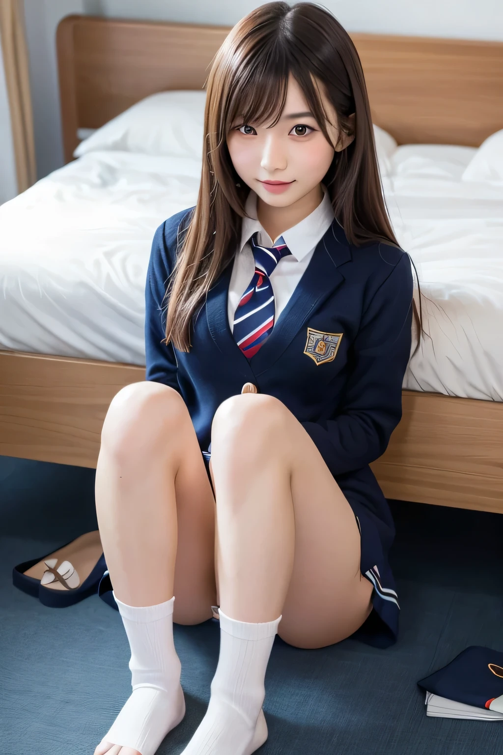 (Japanese cute girl), sexy 18 yo girl, (full body), (cutest face), thin breasts, slender thighs, straight hair, on a bed, (((school uniform))),