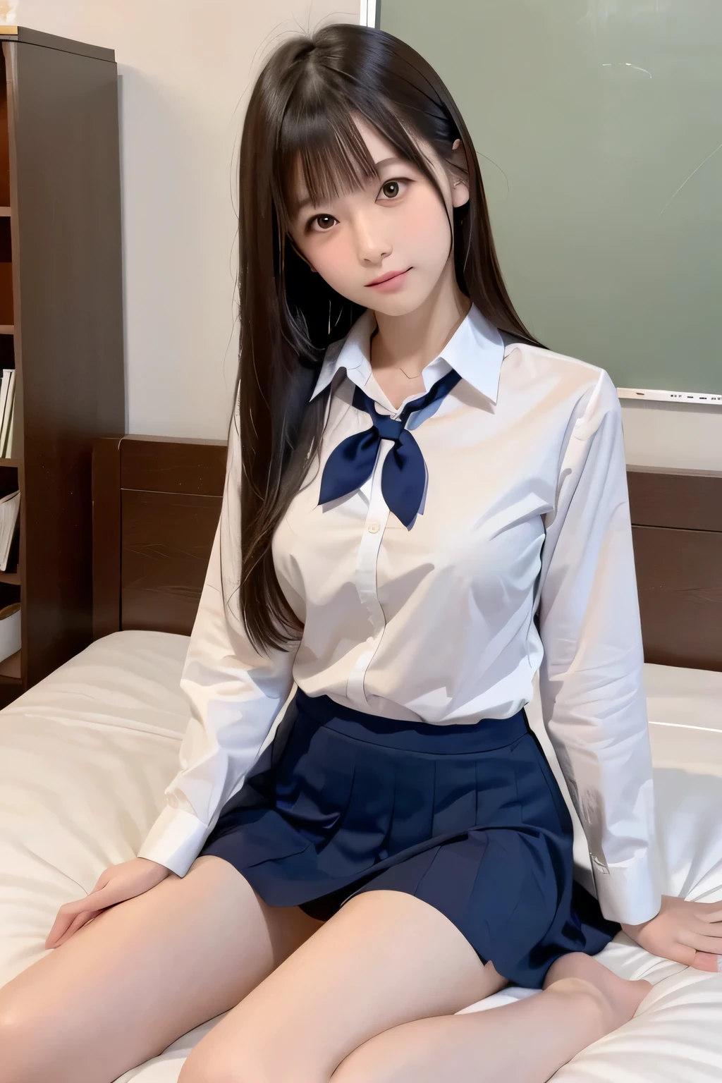 (Japanese cute girl), sexy 18 yo girl, (full body), (cutest face), thin breasts, slender thighs, straight hair, on a bed, (((school uniform))), 