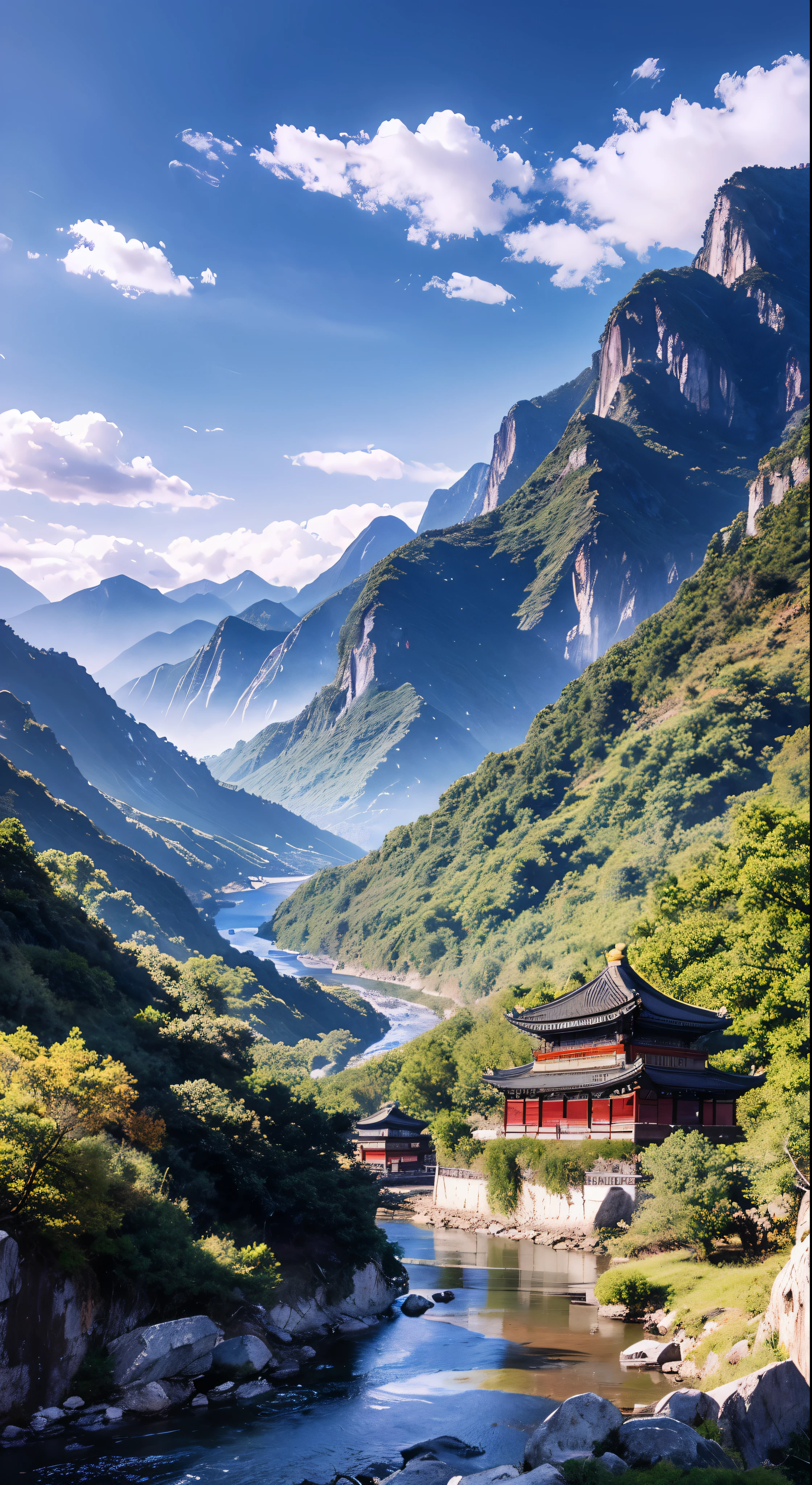 Ancient Chinese scenery, mountains, rivers, auspicious clouds, sunshine, masterpieces, super detail, epic composition, ultra HD, high quality, extremely detailed, official art, unified 8k wallpaper, Super detail, 32k -- v 6