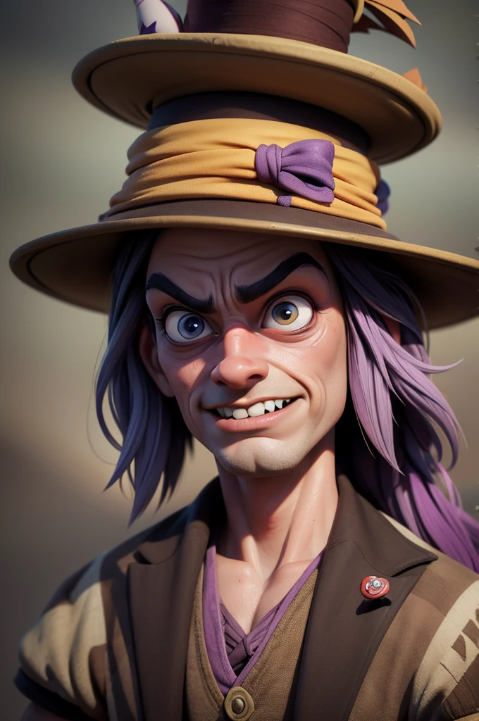 Caricature: The Mad Hatter version by Tim Burton's Alice in Wonderland looks at the camera, smilling, fear and horror on his face, tired, sand on his face mixed with sweat, an atmosphere of darkness and horror, hyper realistic photo, in post - production, enhance the details, sharpness, anc contrast to achieve the hyper - realistic effect. Disney Pixar cartoon style. Blurred background. Light haze.
