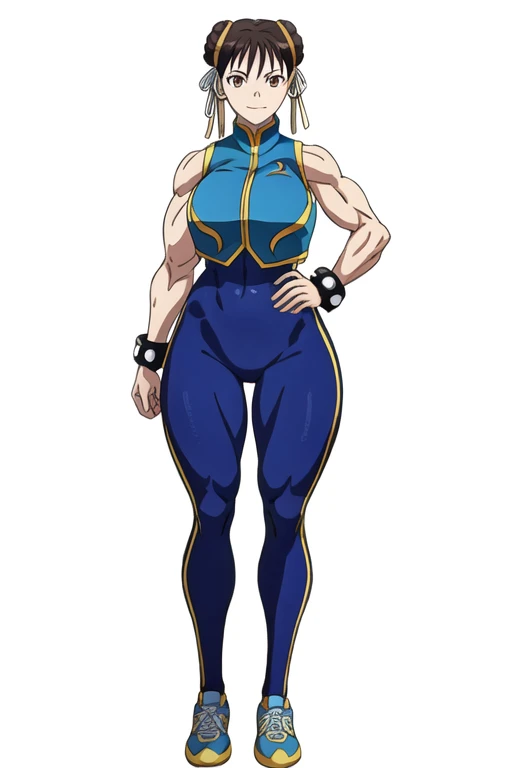masterpiece, high quality, best quality, 1girl, (muscular:1), muscles, abs, biceps, thighs, obliques, abs lines, naval, thighs, fit, (gigantic breasts:1.0), buffed, (closed mouth, half smile), (full-coverage attire, functional and modest attire:1.5), alphachun, double bun, ribbons, bodysuit, vest, side stripes, solo, bracelets, makeup, sneakers, (white background, clear background, simple background:1.5), anime screencap, anime key visual, (full body:1.25),