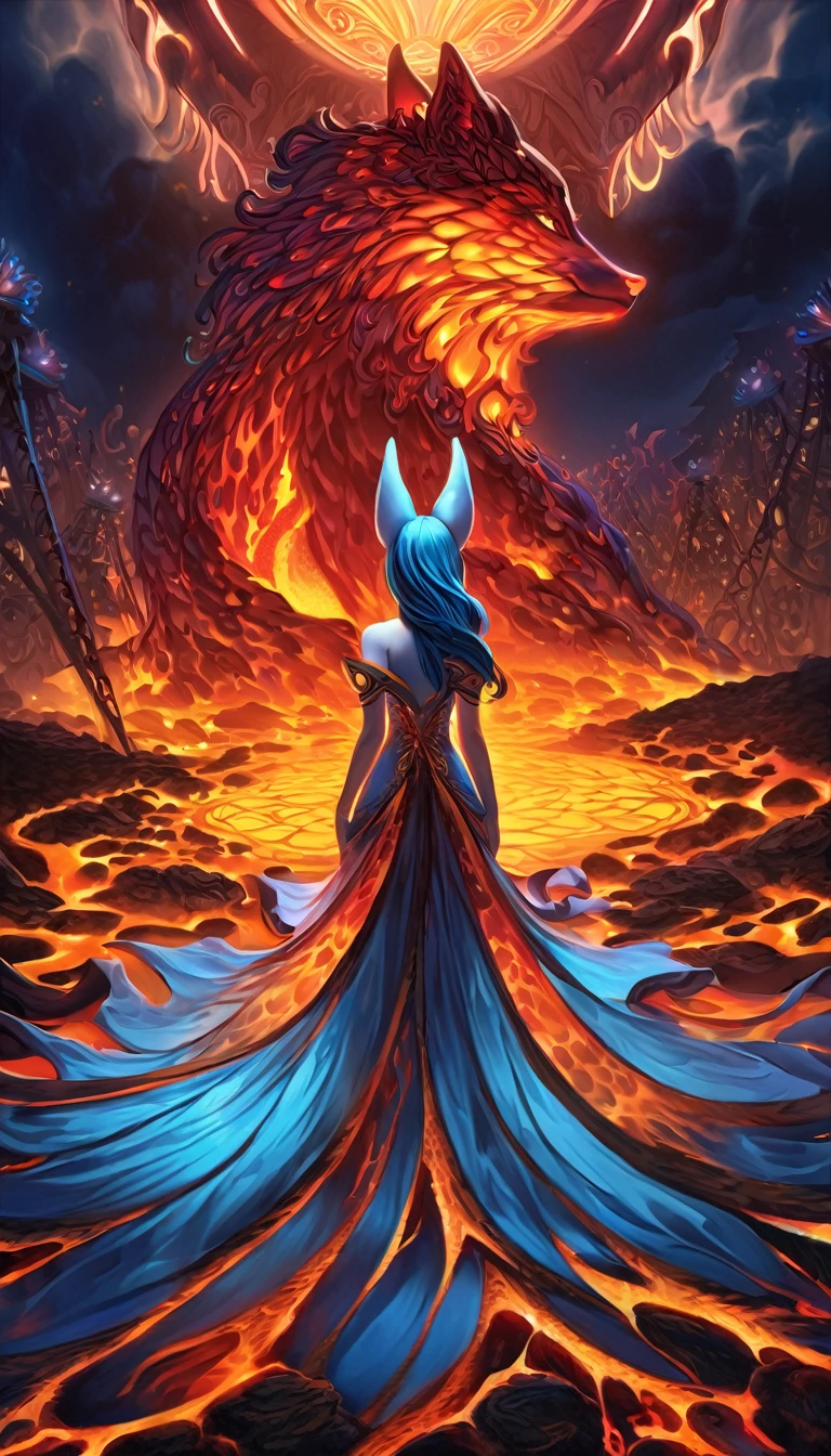 Anime Style, 1 girl (standing majestically), full body view, (hyper surrealistic carnival scene for Wonderland), with a (luminous, melting lava wolf goddess) as its centerpiece. Her long, (glowing fire and lava blue hair) cascades down, and her striking (glowing red lips) form a radiant contrast against her otherworldly features. She exudes an ethereal beauty with her anthropomorphic fluffy frills and a shifting, imposing (red and yellow liquid form) body. Her surroundings are bathed in a (dark night) ambiance, with (ethereal skin) interspersed by glowing