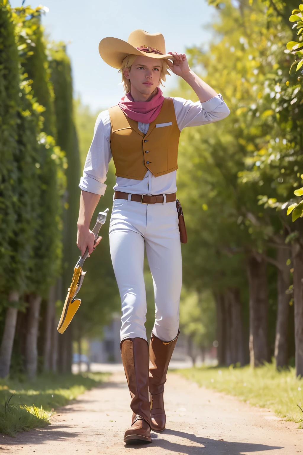 Create a lifelike full-body rendition of the character Steve from the game 'Sunset Riders'. Steve is a blond-haired MALE cowboy, sporting a distinctive pink cowboy hat adorned with white details. Underneath, he wears a long-sleeved yellow shirt, accentuated with white stitching, paired with a vibrant pink vest. Stepping into his trademark attire, Steve dons yellow pants, complemented by sturdy brown boots adorned with golden spurs. A white scarf is fashionably tied around his neck, and a leather belt with double holsters cradles his pistols. Leaning slightly forward, Steve maintains an