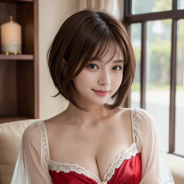 (RAW Photos), (Realistic), (masterpiece), (highest quality), High resolution, 8K resolution, (Intricate details), (Volumetric Light), Portraiture, woman,, short hair, Straight hair, Layered Hair, Brown haired, Highly detailed eyes, Source order, Very thin eyebrows, Highly detailed skin, Highly detailed mouth, Highly detailed nose, Cute like an idol, smile, ((Thick lips)), ((Look at the viewers)), (Elegant blouse)、Cleavage、Cleavage、The color of the clothes is up to you、The color of her underwear is see-through red、