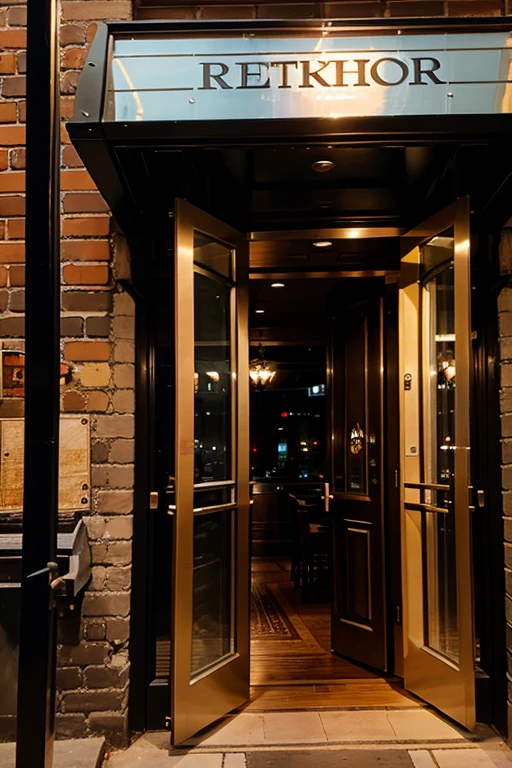 Entrance to the restaurant, glass doors, a sign with the name of the restaurant at the top, beautiful brick building