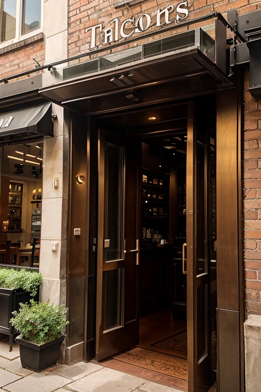 Entrance to the restaurant, glass doors, a sign with the name of the restaurant at the top, beautiful brick building