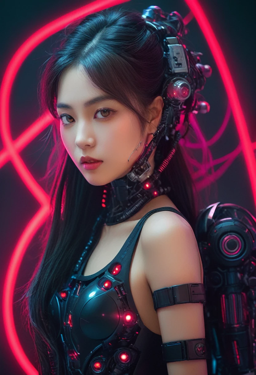 xxmixgirl. Highly detailed professional 35mm film, bokeh, face in sharp focus. A robotic female, Miku, with ((metal skin)), ((perfect Asian eyes)) with magenta irises and ((black pupils)), beautiful serious (detailed face), 18 year old ((photorealistic face)), very long magenta twin tails of magenta hair, twin black hair ties with a single red stripe. She may have a black audio headpiece. We can see her ((full body)) down to her boot soles. Her outfit is a sleeveless collared light grey shirt, outlined in red around the frilled collar and hems. Shiny reflective ((metallic breast cups, dimpleless)), invisible nipples. She wears black sleeves with red hems that start around her upper arm and bellow out as the sleeves open and extend to her wrists, with wide trumpet red rimmed cuffs. She has perfect robotic (detailed hands). She wears a red colored tie with two horizontal solid parallel black lines halfway across. She wears a fabric black skirt with a horizontal red hem at the bottom all the way around; her (((black skirt wraps around her))) and ((her skirt completely covers)) her robotic waist and thighs. Tall black boots with red bottom soles, a red rim around the top at her thighs. Her mechanical shoulder joints are visible. We can see her robotic legs and robotic neck. Half of her is covered with shiny polished machinery. The background is a distant dark neon futuristic Japanese city, gold, cyan, violet neon, near harbor or mountains.