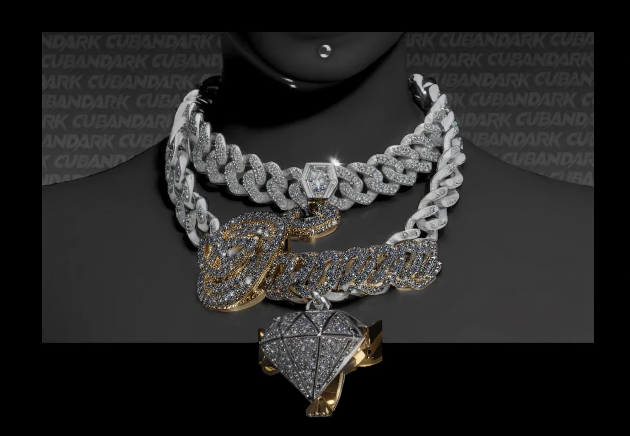 Cuban link chain with 3d diamond shaped pendant with crown pendant on top