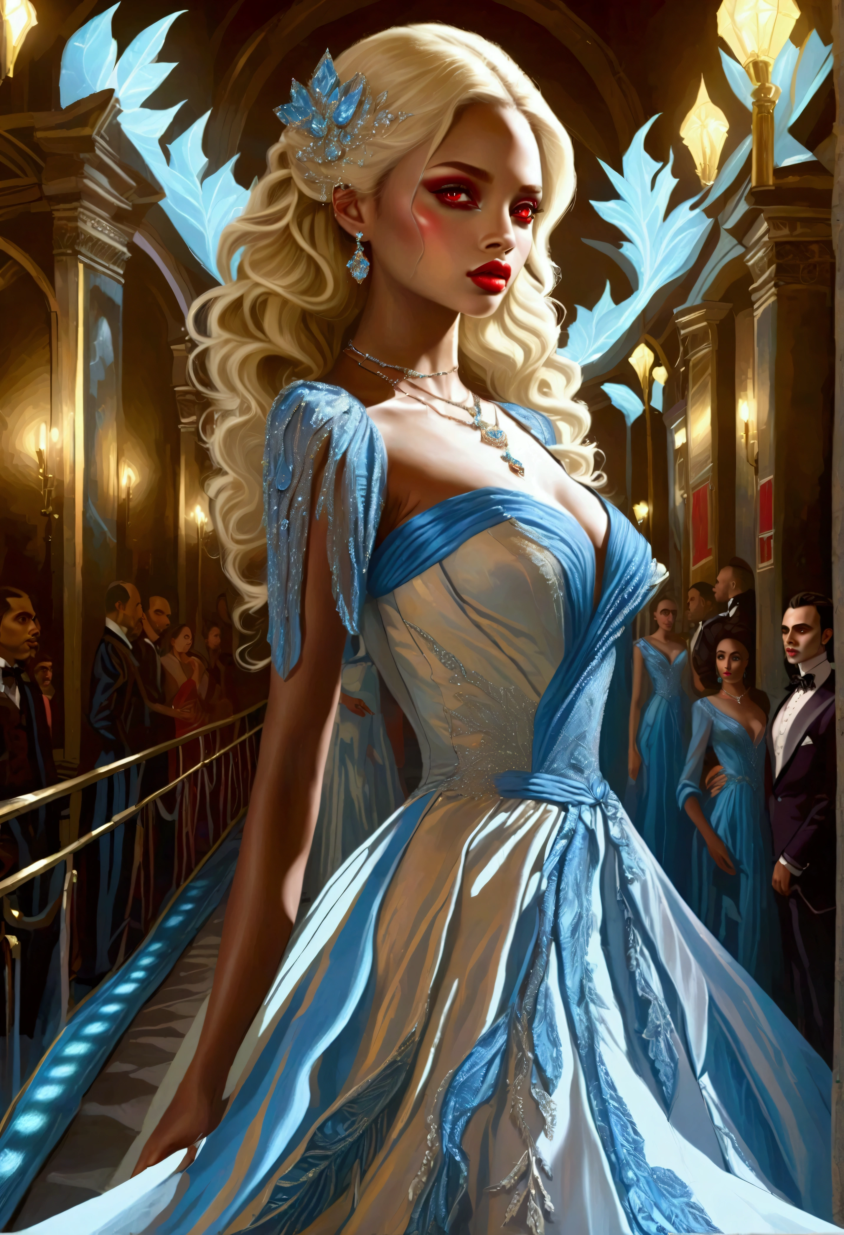 a glamour picture shot,  ((full body shot: 1.5) of an elite vampire model, walking on a (dark catwalk: 1.2), an extraordinary glamourous elite female vampire model, ((full body: 1.5)),  ((anatomically correct: 1.5), (ultra detailed face: 1.2), best detailed face, blond hair, long hair, lush hair, red eyes, delicate face, light make up, wearing intricate blue detailed dress, glamour dress, haute couture dress, elite fashion dress, white dress, decorated with diamonds,  small cleavage, wearing high heels, elegant high heels, she wears diamond necklace, elite fashion show background, vibrant, Hyperrealism style, vibrant, Ultra-high resolution, High Contrast, (masterpiece:1.5), highest quality, Best aesthetics), best details, best quality, highres, ultra wide angle, 16k, [ultra detailed], masterpiece, best quality, (extremely detailed) RAW, chumbasket art style, rpg portrait, photograph, BloodSoakedAI, vampire teeth