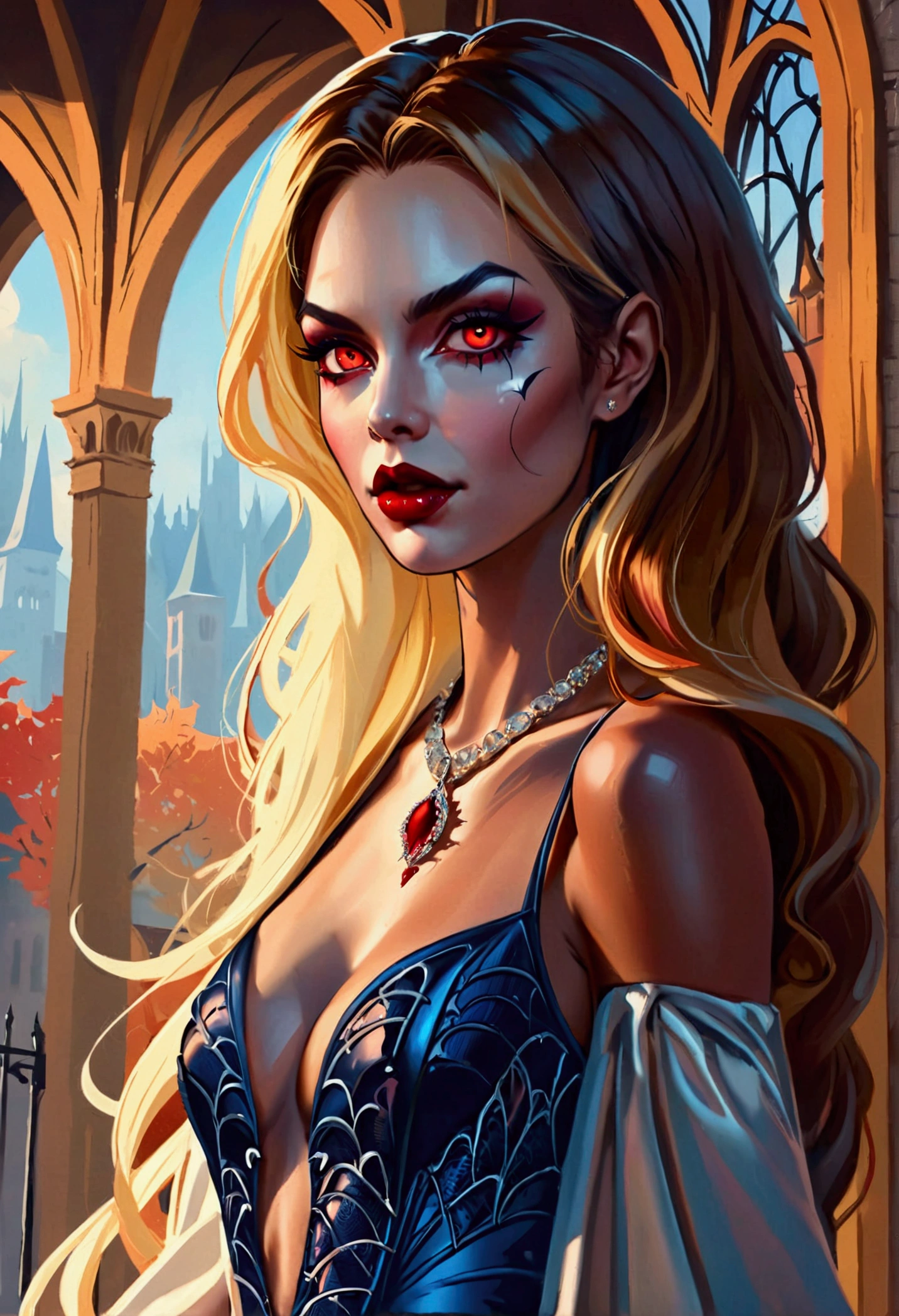 a glamour picture shot,  ((full body shot: 1.5) of an elite vampire model, walking on a (dark catwalk: 1.2), an extraordinary glamourous elite female vampire model, ((full body: 1.5)),  ((anatomically correct: 1.5), (ultra detailed face: 1.2), best detailed face, blond hair, long hair, lush hair, red eyes, delicate face, light make up, wearing intricate blue detailed dress, glamour dress, haute couture dress, elite fashion dress, white dress, decorated with diamonds,  small cleavage, wearing high heels, elegant high heels, she wears diamond necklace, elite fashion show background, vibrant, Hyperrealism style, vibrant, Ultra-high resolution, High Contrast, (masterpiece:1.5), highest quality, Best aesthetics), best details, best quality, highres, ultra wide angle, 16k, [ultra detailed], masterpiece, best quality, (extremely detailed) RAW, chumbasket art style, rpg portrait, photograph, BloodSoakedAI, vampire teeth