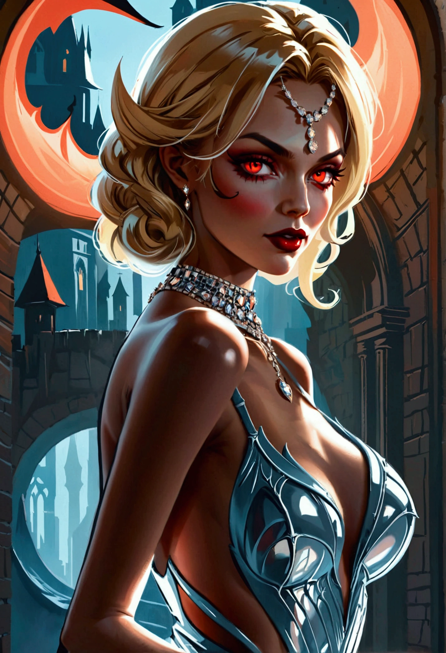 a glamour picture shot,  ((full body shot: 1.5) of an elite vampire model, walking on a (dark catwalk: 1.2), an extraordinary glamourous elite female vampire model, ((full body: 1.5)),  ((anatomically correct: 1.5), (ultra detailed face: 1.2), best detailed face, blond hair, long hair, lush hair, red eyes, delicate face, light make up, wearing intricate blue detailed dress, glamour dress, haute couture dress, elite fashion dress, white dress, decorated with diamonds,  small cleavage, wearing high heels, elegant high heels, she wears diamond necklace, elite fashion show background, vibrant, Hyperrealism style, vibrant, Ultra-high resolution, High Contrast, (masterpiece:1.5), highest quality, Best aesthetics), best details, best quality, highres, ultra wide angle, 16k, [ultra detailed], masterpiece, best quality, (extremely detailed) RAW, chumbasket art style, rpg portrait, photograph, BloodSoakedAI, vampire teeth