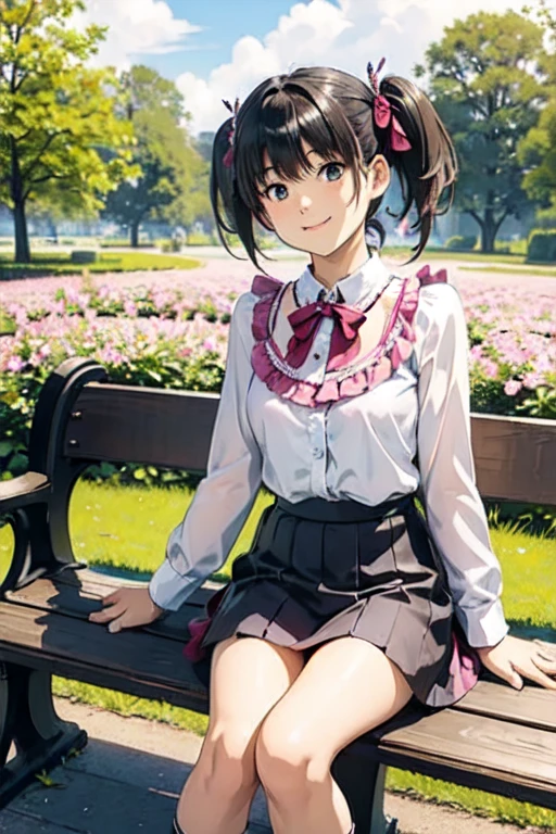 ((masterpiece, Highest quality, Very detailed)), girl, alone, Fashion Model, Stylish woman, Girlish clothes, Ruffled blouse, mini skirt, Twin tails, Cute Smile, Park bench, Spring scenery, Leafy Background