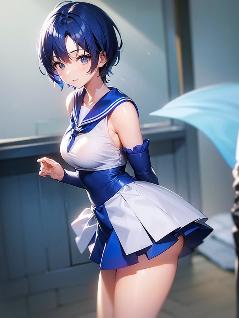 1girl、Sailor Mercury、Blue Hair、short hair、From the back、Beautiful breasts、