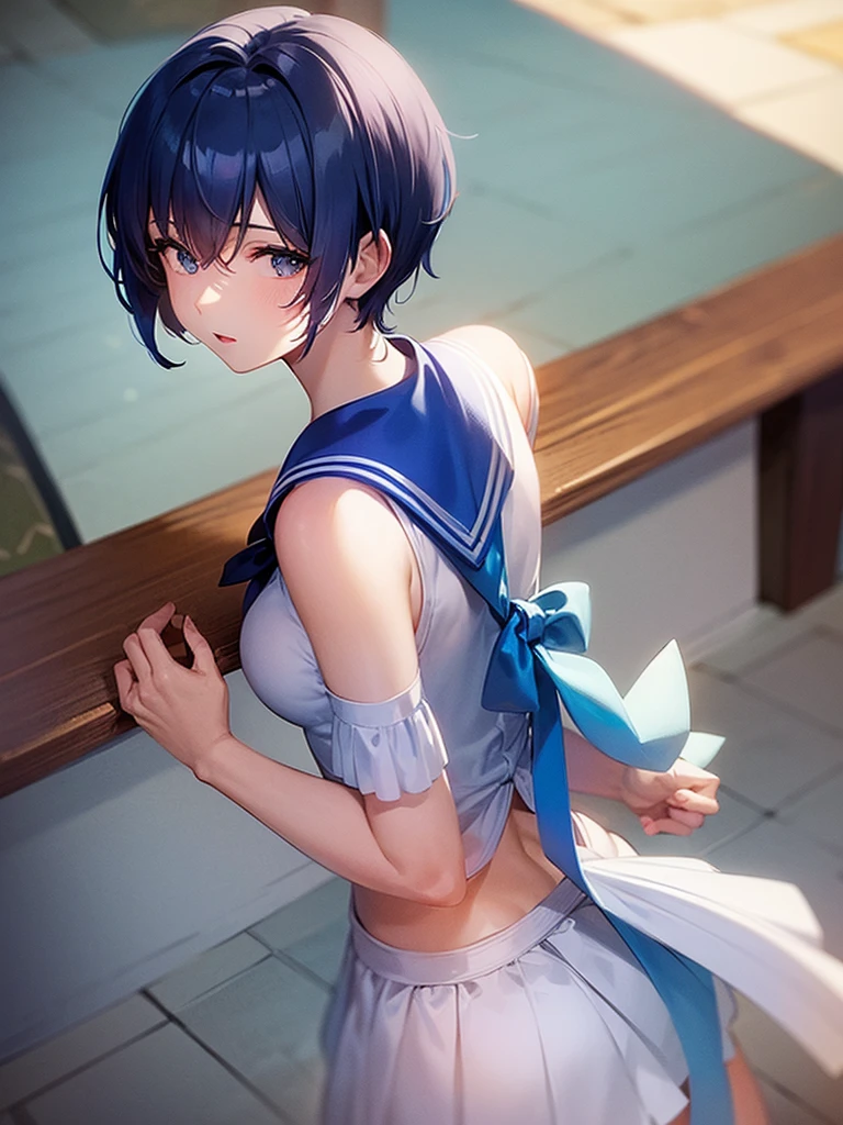 1girl、Sailor Mercury、Blue Hair、short hair、From the back、Beautiful breasts、