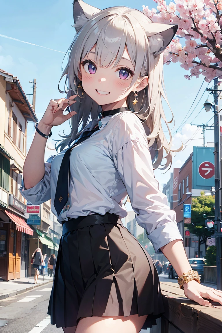 (((masterpiece))), (((Highest quality))), ((Very detailed)), ((Very detailedなイラスト)), ((Ultra-fine painting)), (16K Highest quality wallpaper:1.4), (Detailed and elaborate illustration style,:1.8) Detailed skin texture, High quality fabric, , (T-masterpiece), (Very detailedな顔:1.4), original, RAW Photos, Professional, Intricate details, Very detailed, Direct sunlight:1.6, ,(Cowboy Shot:1.9)、(Perfect Anatomy:1.4), (Extremely elaborate hands:1.2), (Very elaborate fingers:1.2), (Very elaborate fingers先:1.2),, (alone:1.6), (beautiful and adorable cat ears:1.6), (Intricate and delicate cat ears:1.4), (beautiful, Shiny white hair:1.6), (Very fine and delicate white hair:1.4),, (Very detailedな顔:1.4),(Light purple eyes:1.4),(smile:1.4),, whole body,Sit down、Waliza、Sitting with legs crossed、
One Girl, bangs, black choker, black tie, blonde, blue skirt, blush, bracelet, chest, choker, clothes Surrounding area waist, clavicle, collared shirt, Cowboy Shot, dress shirt, ear Earrings, Eyebrows visible through hair, Gradient Hair, Grin, Improve, jewelry, Kogal, Long Hair, View your audience, loose tie, tie, Earrings, Plaid, Plaid skirt, pleated skirt, Red eyes, ring, , shirt, skirt, smile, alone, white shirt,
street, null, cherry blossoms, petal,shape, (magazine:1.3), (cover-style:1.3), fashionable, woman, Vibrant, Costumes, stop temporarily, front, colorful, dynamic, background, element, Be confident, performance, Holding, statement, accessories, Majestic, Coiled, Surrounding area, touch, scene, article, cover, bold, to attract attention, title, stylish, font, Catchy, Heading, big, impressive, Modern, tendency, concentrate, fashion,