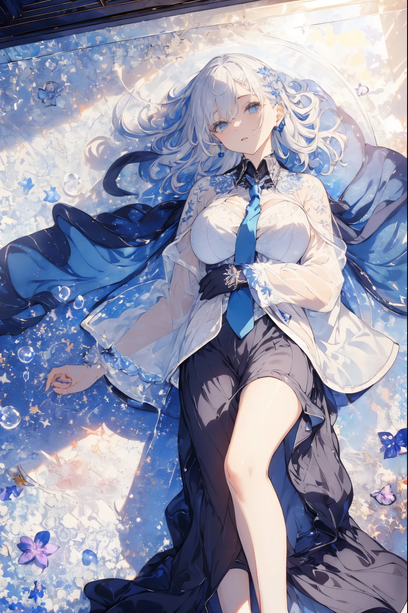 (summer clothing photo:1.1, in blue waterfront:1.5), Masterpiece, best quality, (very detailed CG unity 8k wallpaper), (best quality), High definition RAW color art, Animation,sculptures, (black Marble Skin), (((Ultra detailed elegant))), Magical atmosphere, Detailed skin, Texture,(Intricately detailed, Fine detail, ultra-detail art), depth of fields, bokeh, Silky Touch, Hyper Detail, beautiful eyes, Elegant Face, (lying on white glass floor), sparkle background, enormous breast:1.3, (silver hair), pastel purple, embarrassing face, short hair, necktie