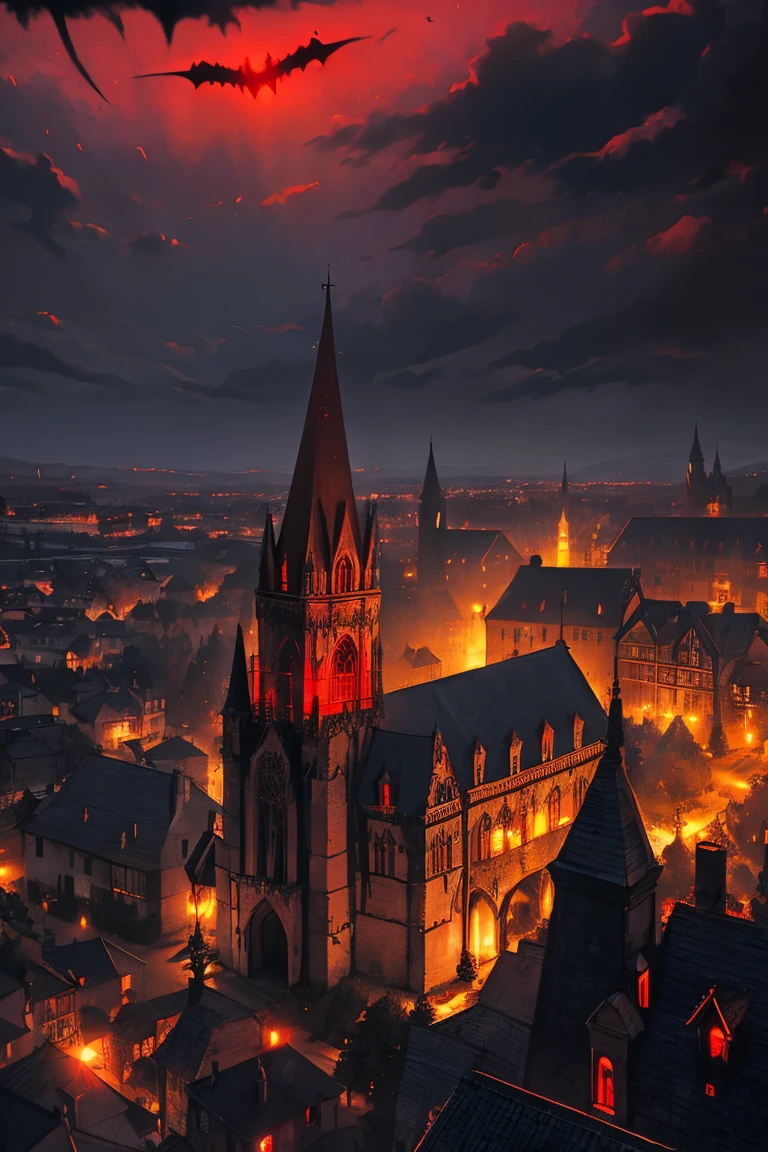 old European village shot with bird view, (Red glowing eyes), masterpiece, Depth of written boundary, Lutz, Gwaites style artwork, Gothic aesthetics, Dark Vampire village, ((in the dark gothic style cathle:1)), ((dark mid-night time:1.5)),