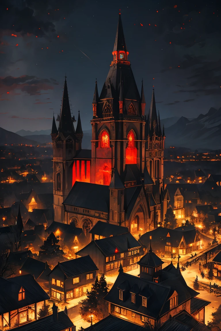 old European village shot with bird view, (Red glowing eyes), masterpiece, Depth of written boundary, Lutz, Gwaites style artwork, Gothic aesthetics, Dark Vampire village, ((in the dark gothic style cathle:1)), ((dark mid-night time:1.5)),