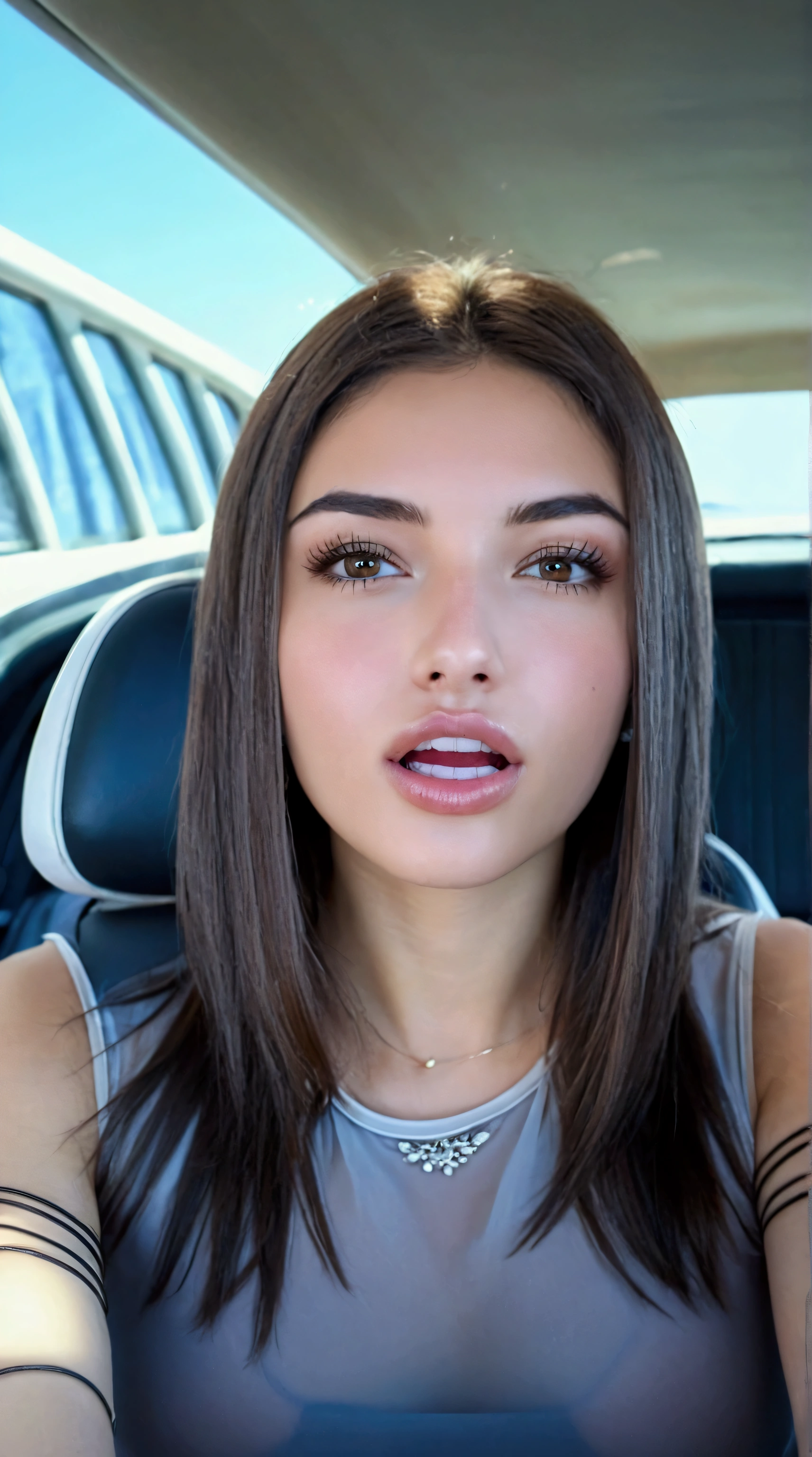 1Girl 24 years old, Alone, extremely cute face, by the wide, boobplate, white summer dress, looking at the viewer, by rubio, Brown eyes, jeweler's, whole body, skinny, Lips, realistic, nose, flirting with the camera