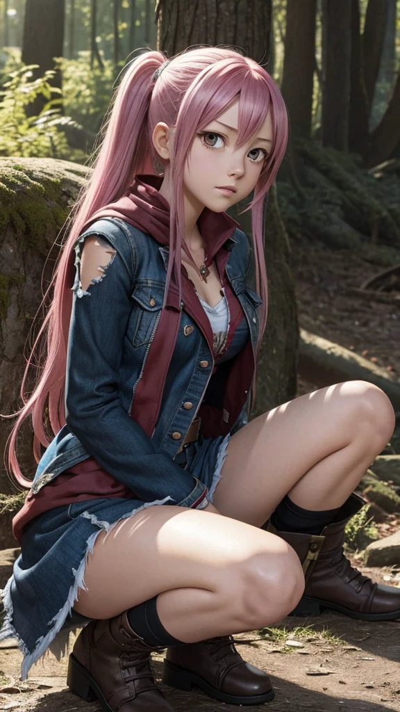 Fairy tail anime, Teen girl, on knees, torn clothes, battle damaged, guild mark on breat