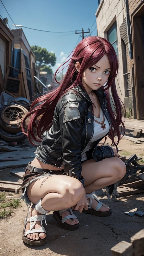 Fairy tail anime, Teen girl, on knees, torn clothes, battle damaged, guild mark on breat
