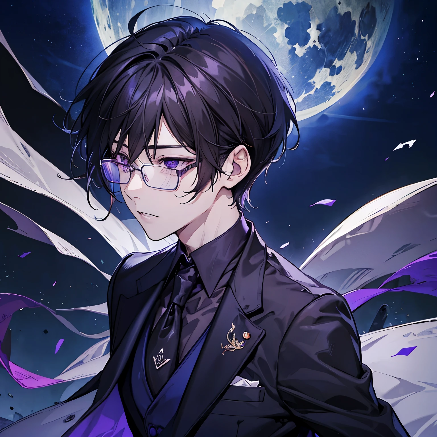 One Man、Dark Brown Hair、Purple Eyes、Clear eyes、In a suit、Navy blue tie、Short Hair、The right eye is hidden by bangs、Glasses、Book、full moon