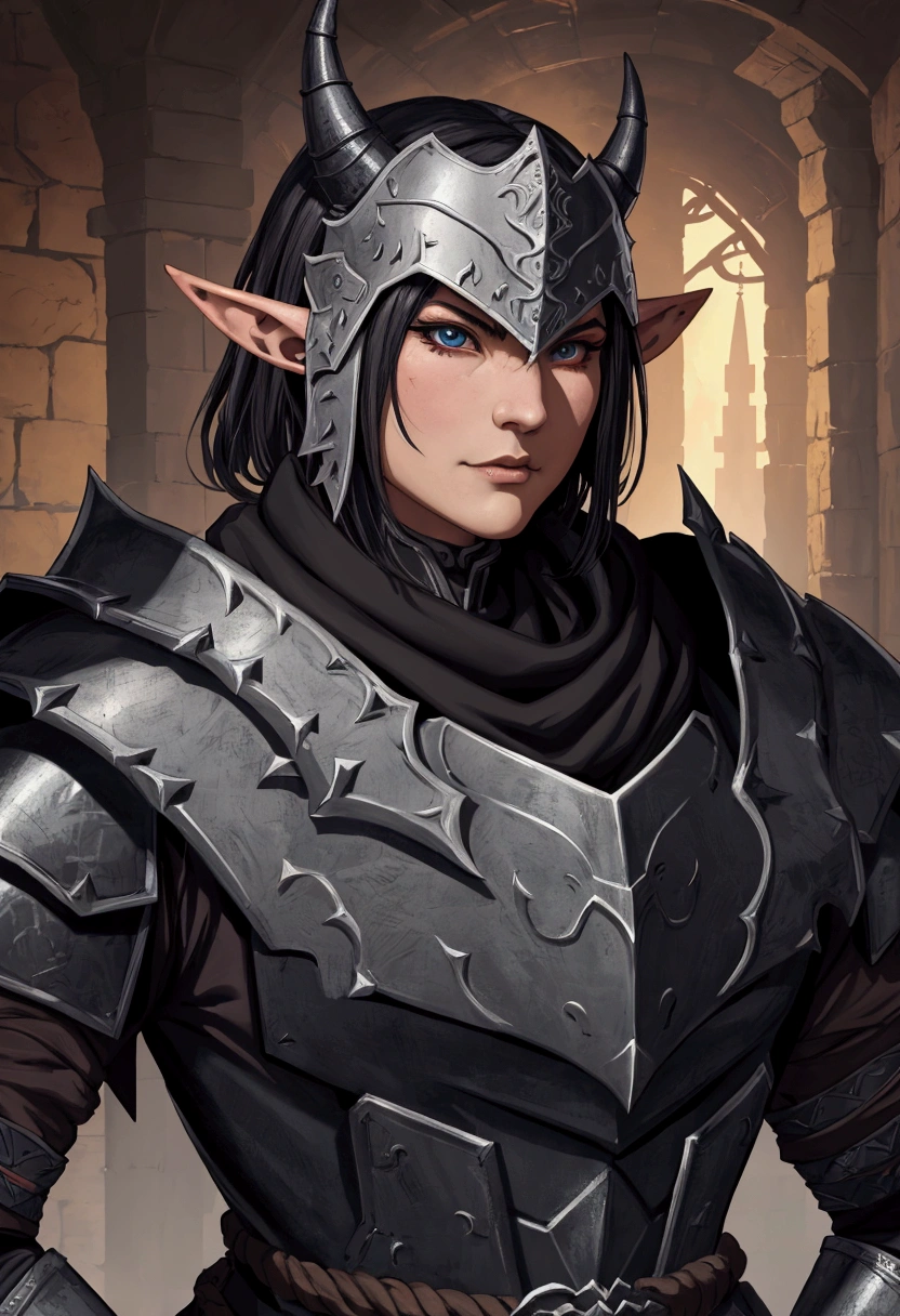 正面, close up portrait, nightmarish, elf shape, mascle, armored, , masclevolent, Hidden, Dungeonpunk, black cowl, armadura leve bugbear warrior