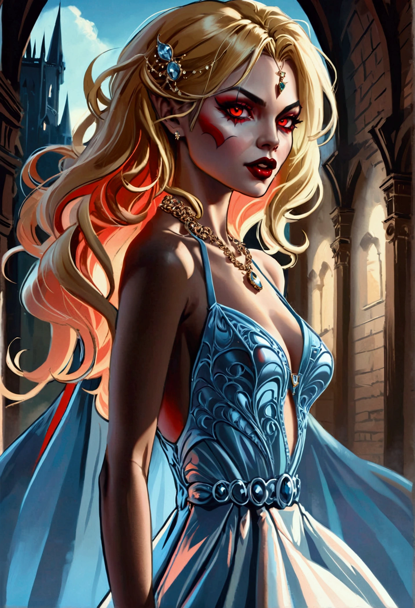 a glamour picture shot,  ((full body shot: 1.5) of an elite vampire model, walking on a (dark catwalk: 1.2), an extraordinary glamourous elite female vampire model, ((full body: 1.5)),  ((anatomically correct: 1.5), (ultra detailed face: 1.2), best detailed face, blond hair, long hair, lush hair, red eyes, delicate face, light make up, wearing intricate blue detailed dress, glamour dress, haute couture dress, elite fashion dress, white dress, decorated with diamonds,  small cleavage, wearing high heels, elegant high heels, she wears diamond necklace, elite fashion show background, vibrant, Hyperrealism style, vibrant, Ultra-high resolution, High Contrast, (masterpiece:1.5), highest quality, Best aesthetics), best details, best quality, highres, ultra wide angle, 16k, [ultra detailed], masterpiece, best quality, (extremely detailed) RAW, chumbasket art style, rpg portrait, photograph, BloodSoakedAI, vampire teeth