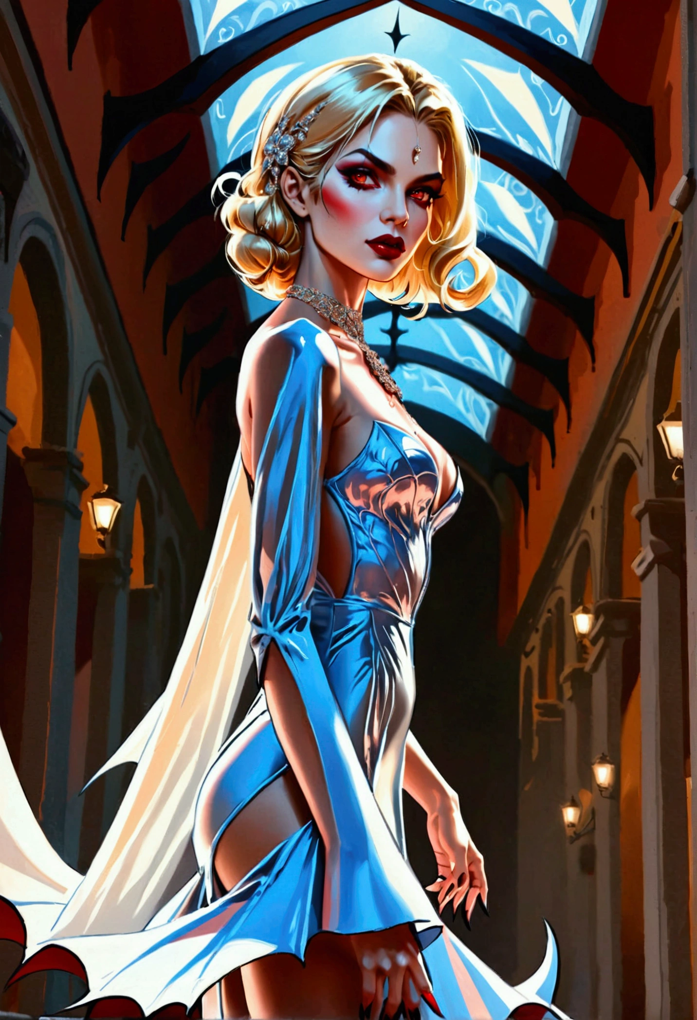 a glamour picture shot,  ((full body shot: 1.5) of an elite vampire model, walking on a (dark catwalk: 1.2), an extraordinary glamourous elite female vampire model, ((full body: 1.5)),  ((anatomically correct: 1.5), (ultra detailed face: 1.2), best detailed face, blond hair, long hair, lush hair, red eyes, delicate face, light make up, wearing intricate blue detailed dress, glamour dress, haute couture dress, elite fashion dress, white dress, decorated with diamonds,  small cleavage, wearing high heels, elegant high heels, she wears diamond necklace, elite fashion show background, vibrant, Hyperrealism style, vibrant, Ultra-high resolution, High Contrast, (masterpiece:1.5), highest quality, Best aesthetics), best details, best quality, highres, ultra wide angle, 16k, [ultra detailed], masterpiece, best quality, (extremely detailed) RAW, chumbasket art style, rpg portrait, photograph, BloodSoakedAI, vampire teeth