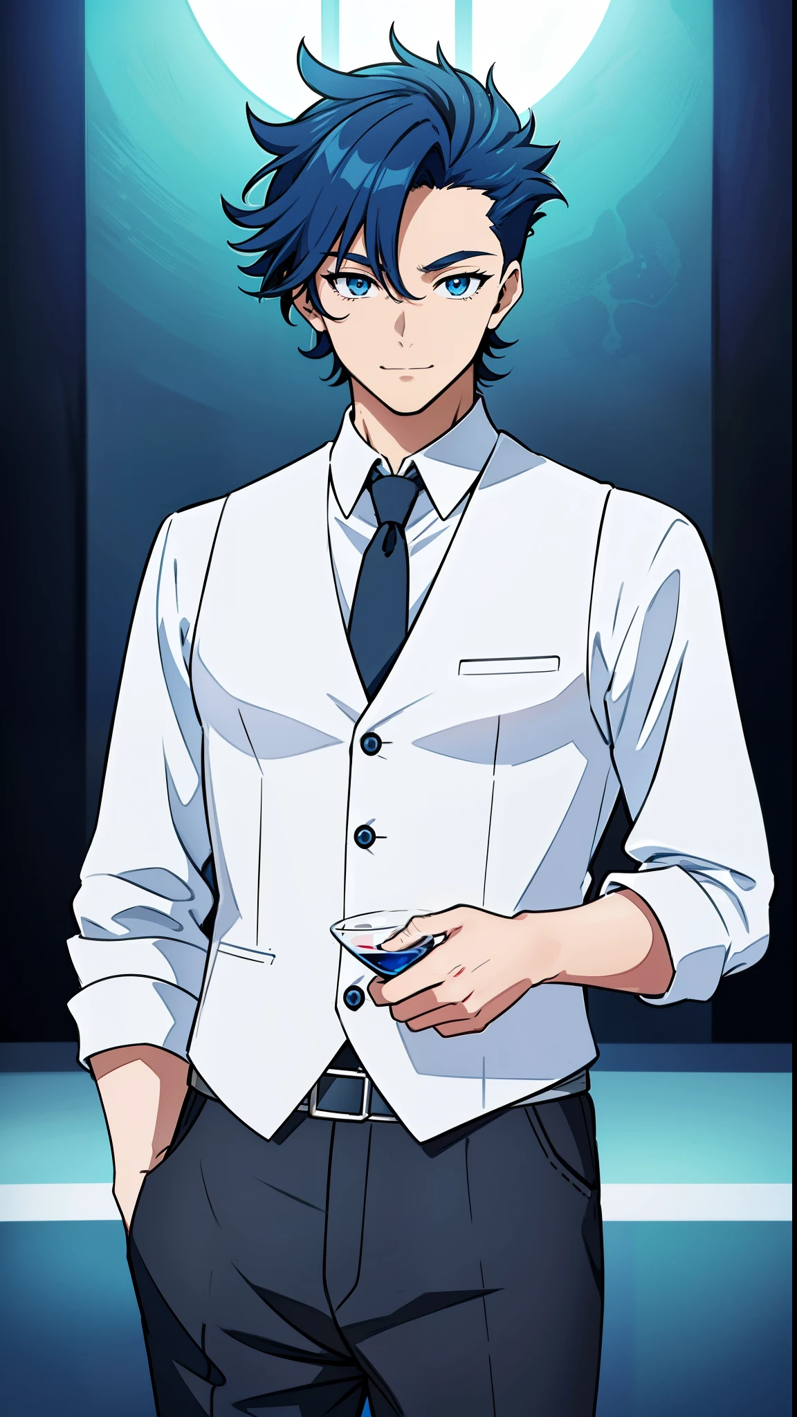 anime boy, bartender, happy expression, holding glass, smiling, dark blue hair, blue eyes, white shirt, black waistcoat (beautiful and aesthetic:1. 5), thick black lineart, clean lineart, perfect lineart, variable lineart, clean anime outlines, intense line art, bold lineart, sharp lineart, best quality, high quality, best quality, ultra-detailed, colourful, saturated colours, dynamic lighting, HD,