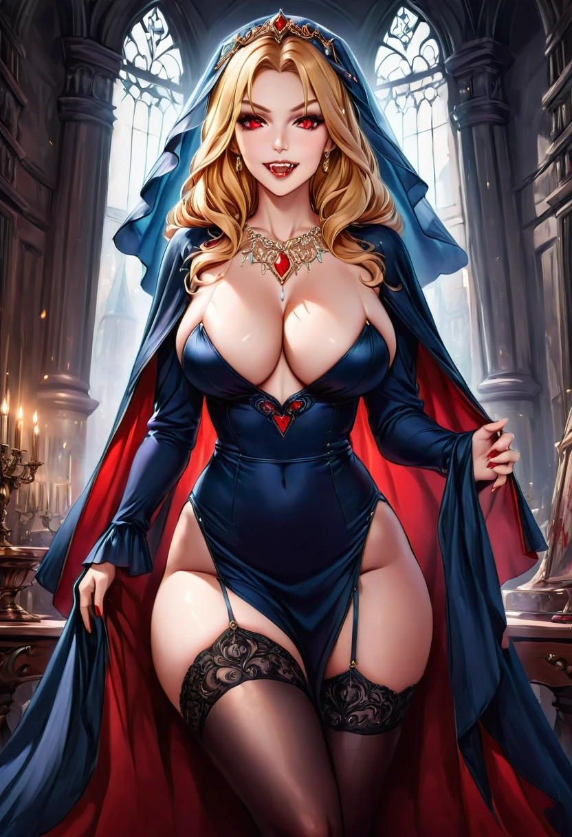 a glamour picture shot,  ((full body: 1.5) of an elite vampire model, walking on a (dark catwalk: 1.2), an extraordinary glamourous elite female vampire model, ((full body: 1.5)),  ((anatomically correct: 1.5), (ultra detailed face: 1.2), best detailed face, blond hair, long hair, lush hair, red eyes, delicate face, light make up, wearing intricate blue detailed dress, glamour dress, haute couture dress, elite fashion dress, white dress, decorated with diamonds,  small cleavage, wearing high heels, elegant high heels, she wears diamond necklace, elite fashion show background, vibrant, Hyperrealism style, vibrant, Ultra-high resolution, High Contrast, (masterpiece:1.5), highest quality, Best aesthetics), best details, best quality, highres, ultra wide angle, 16k, [ultra detailed], masterpiece, best quality, (extremely detailed) RAW, hud_s1n, short black dress, long sleeves, veil, thighhighs, rpg portrait, photograph, BloodSoakedAI, vampire teeth