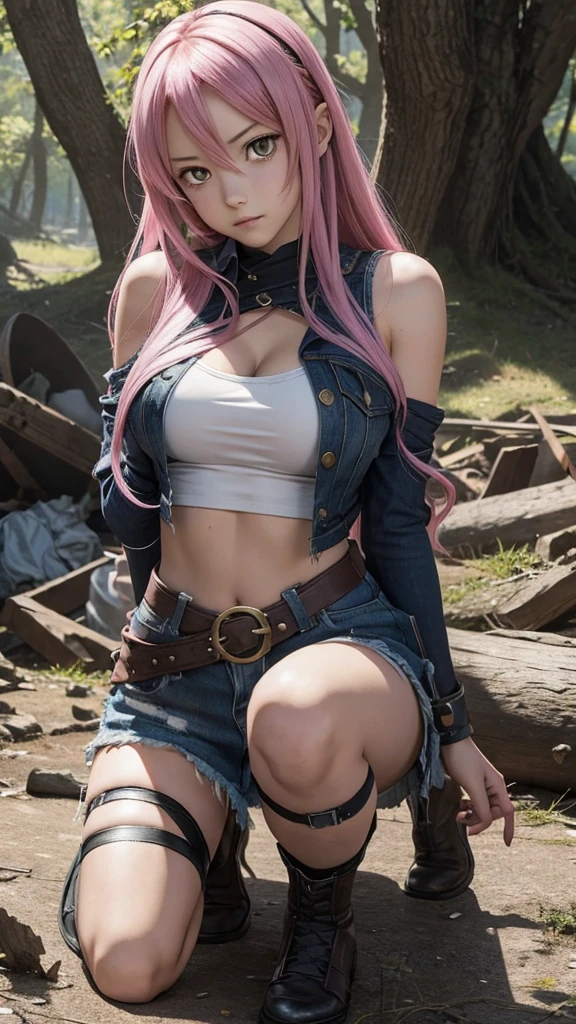 Fairy tail anime, Teen girl, on knees, torn clothes, battle damaged, guild mark on breast