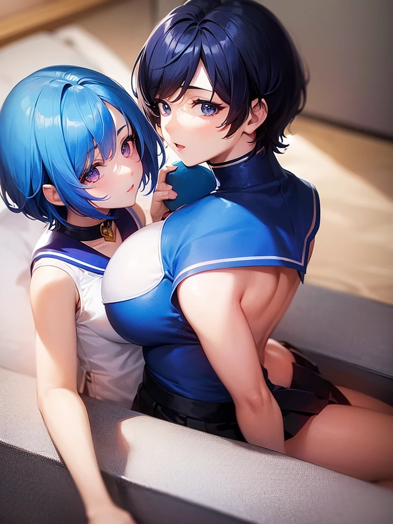 1girl、Sailor Mercury、Blue Hair、short hair、From the back、Beautiful breasts