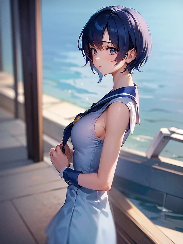 1girl、Sailor Mercury、Blue Hair、short hair、From the back、Beautiful breasts