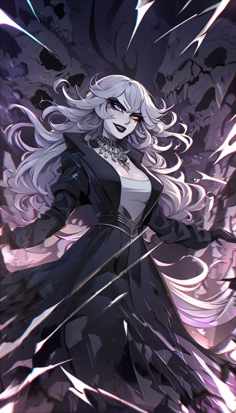 Beautiful evil goddess in anime style, (best quality, 4k), white messy hair flowing chaotically, she wears a black coat with frayed edges and a white t-shirt adorned with ethereal skulls and bones. Her eyes gleam with mischief and madness as she lets out a maniacal laugh. Surrounding her is a chaotic scene of swirling shadows and shattered glass, adding to the ominous and chaotic atmosphere of her presence. Her lips are curved into a cruel smirk, her eyelashes long and dark, and her eyes heavily lined with kohl, emphasizing her evil and captivating beauty. A silver skull necklace hang, full body view.