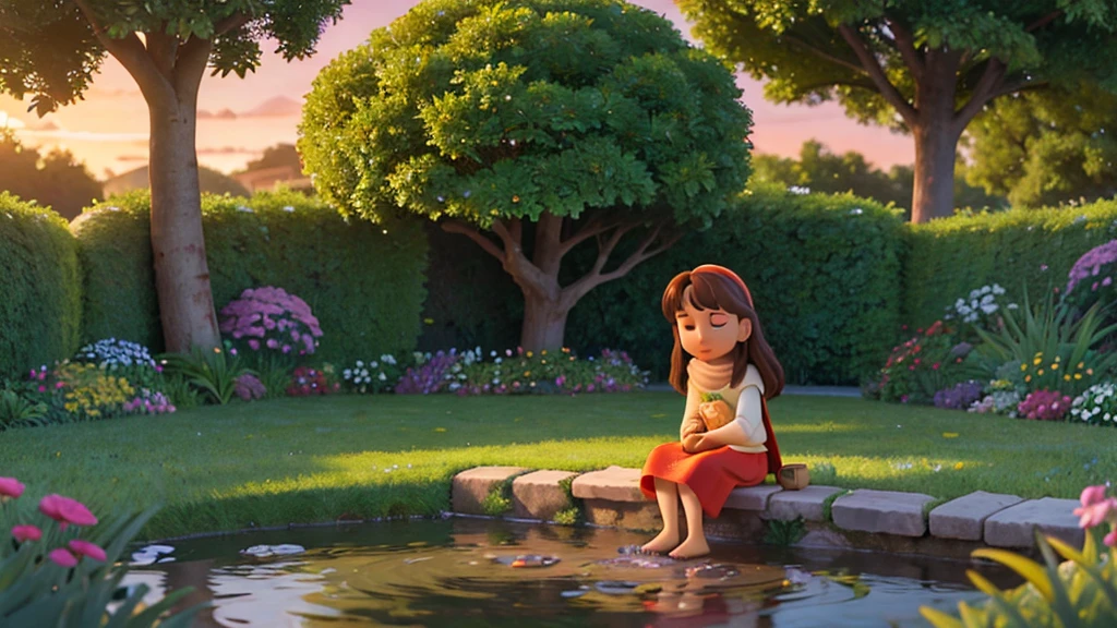 Create an ultra-detailed, high-quality image in Pixar style of Jesus crist praying in a garden. Jesus crist should be depicted as a serene and compassionate figure, with soft and expressive facial features typical of Pixar characters. He is kneeling in prayer, with his hands clasped and his head slightly bowed. The setting is a peaceful garden with ultra-detailed lush trees, vibrant colorful flowers, and a gentle sunset light bathing the scene, creating a serene and spiritual atmosphere. The colors should be vivid, and the lighting should be soft yet striking, enhancing the depth and warmth of the scene. The artistic style should resemble the characteristic animation of Pixar films, with meticulous attention to detail, high-definition textures, and a sense of warmth and hope.