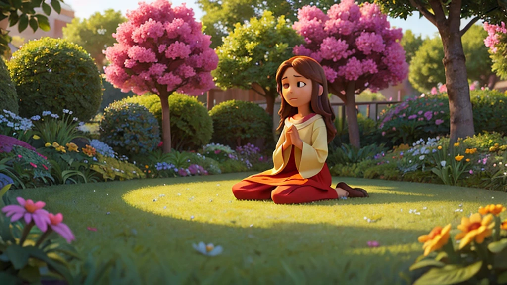 Create an ultra-detailed, high-quality image in Pixar style of Jesus crist praying in a garden. Jesus crist should be depicted as a serene and compassionate figure, with soft and expressive facial features typical of Pixar characters. He is kneeling in prayer, with his hands clasped and his head slightly bowed. The setting is a peaceful garden with ultra-detailed lush trees, vibrant colorful flowers, and a gentle sunset light bathing the scene, creating a serene and spiritual atmosphere. The colors should be vivid, and the lighting should be soft yet striking, enhancing the depth and warmth of the scene. The artistic style should resemble the characteristic animation of Pixar films, with meticulous attention to detail, high-definition textures, and a sense of warmth and hope.