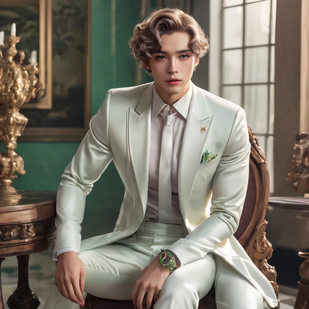 Delicate skin man , clear and soft , short hair with curlers , green eye color , delicate lips and delicate features, angelic appearance without wings with elegant clothes ,delicate white suit and marked body without exeder , delicate figure and waist girl in mansion ,with fine muscles